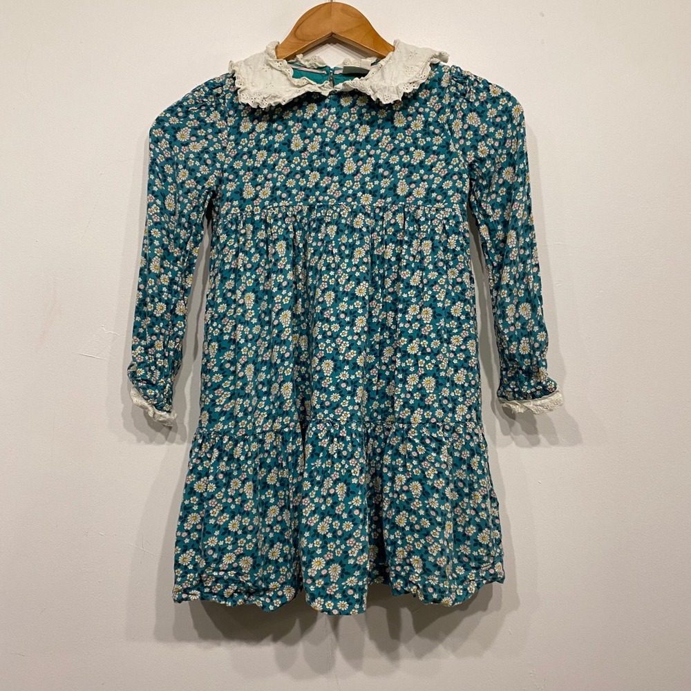 Mini Boden Girls Teal Floral Daisy Dress Eyelet Lace Collar Long Sleeve 7-8Y